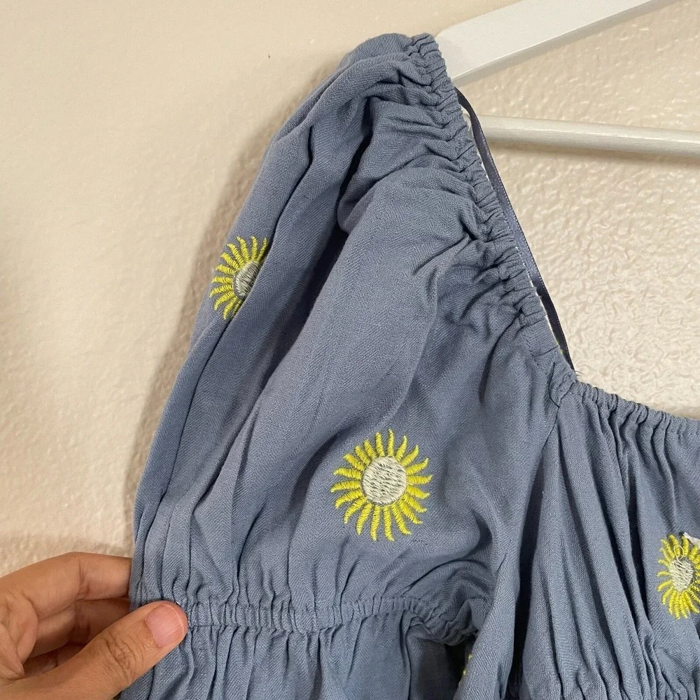 NWOT Free People Sun Embroidery Midi Dress Cottagecore L Blue Summer Linen Boho - Picture 6 of 16